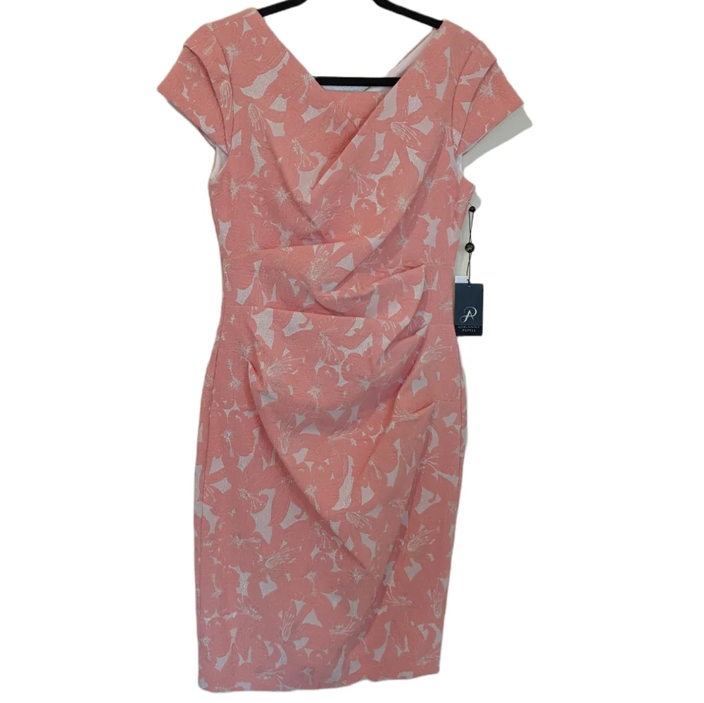 Adrianna Papell Size 8 Hibiscus Jacquard Draped Dress - Picture 1 of 10